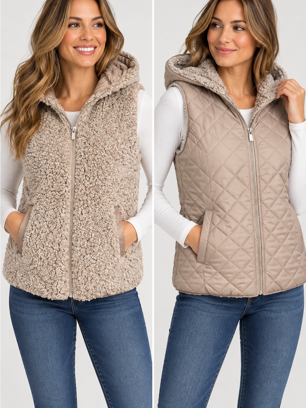Reversible Quilted & Sherpa Hooded Vest - Taupe